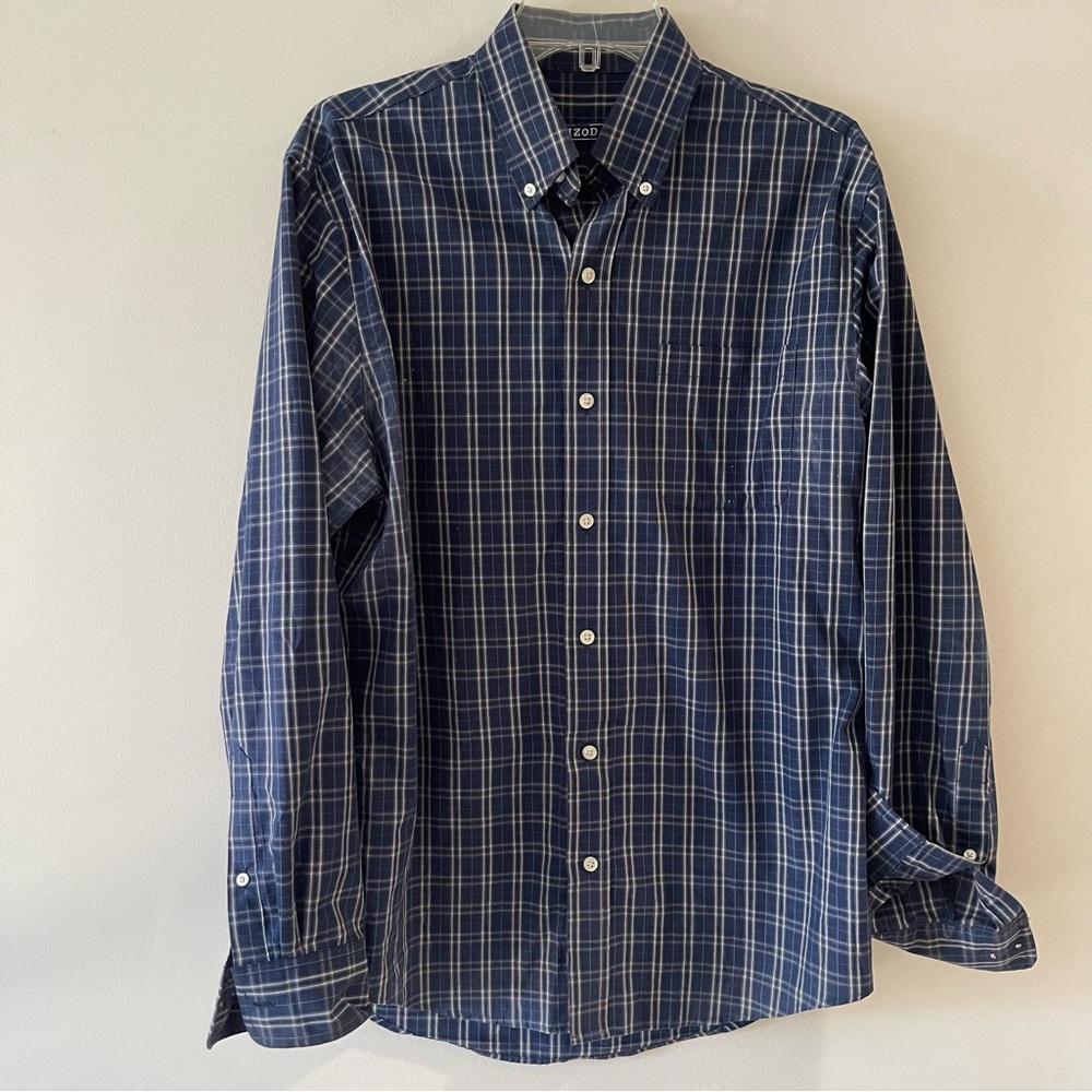 Izod Mens Blue Button-down Long Sleeve Plaid Collard Shirt